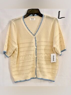 Kindred Cream Open-Knit Cardigan with Light Blue Trim